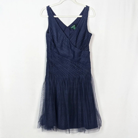 $250 LAUREN RALPH LAUREN Evening  Shirred Tulle Fit & Flare Sleeveless Dress 10 - Picture 7 of 12